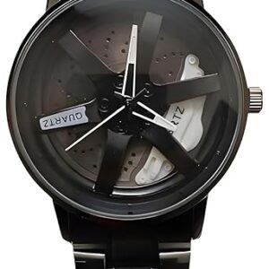 Private Lable Modern Sports Watch with Blue Accents Black Metal Band Car Wheel Design Dial