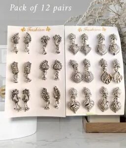 Private Lable pairs different pairs of small jhumkis Silver Colour Pack of 12