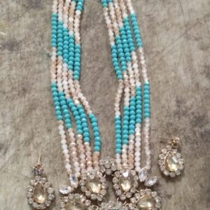 Private Lable Sky Blue Long Necklace with kundan pendant and matching earrings Jewellery Set