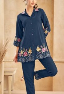 AUTUMN LANE Dark Blue Roman Silk Floral Embroidered Co Ord Set FOR WOMEN SIZE L