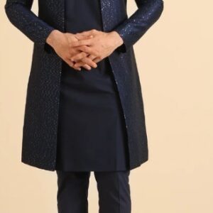 Kisah Men Navy Blue Textured Open Kurta Indowestern Trouser Set size 38