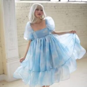 Private Label Woman Party Wear Frok Type Dress Colour Sky Blue and White Size M