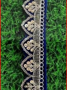 Private Label Royal blue velvet with seqvanch and tempal pettern pankho lace border in 9 mtr pack NAVY BLUE