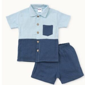 PEELOO Boy Colourblock Shirt and Shorts Set sky and sky blue colour 2 years boys dress