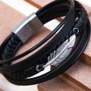 Swashaa Men Leather Silver Plated Wraparound Bracelet Black Colour