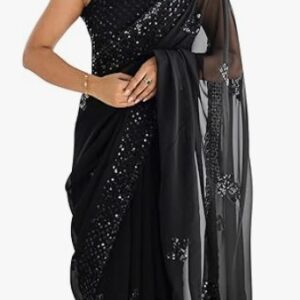 AKHILAM Womens Georgette Embellished Saree With Unstitched Blouse Piece Colour Black