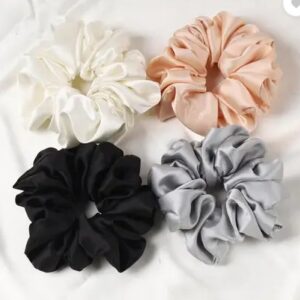Private Label RimR Silk Satin Scrunchies for Women and Girls Set of 4 Rubber Band Color Black Grey White Pink Pack Of 4