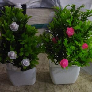 White Plastic Artificial Green Flowering Plant Pot Pack Of 2