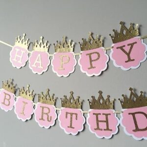 Party Crave Sparkling Happy Birthday Crown Glitter Paper Banner With String Pink And Gold
