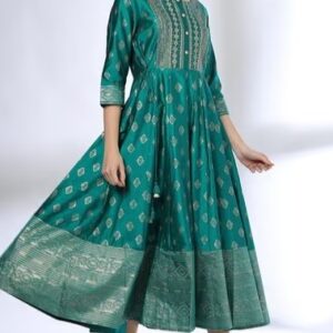 AVAASA SET Women Foil Print Fit AND Flare Dress teal S