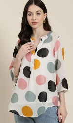 Qurvii Women Comfort Polka Dot Printed Mandarin Collar Comfort Georgette Casual Shirt Multicolour XXXL