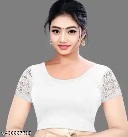 Private Label Womens White Readymade Round Neck Stretchable Half Sleeve Saree Blouse