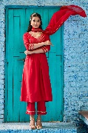 Biba Red Rayon Gathered Suit Set 42 Size