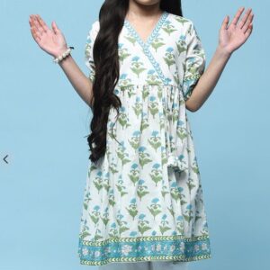 Biba White Printed Cotton Flared Kurta With Straight Palazzo SIZE 19 WHITE