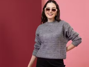 Private Label Womens Turtle Neck Woolen Pullover Sweater GREY L