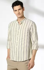NETPLAY Men Striped Slim Fit Shirt With Patch Pocket Ecru Colour 39 Size