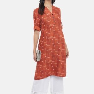 RANGMANCH Women Brown Geometric Printed Rolled up Sleeves Kurta XS