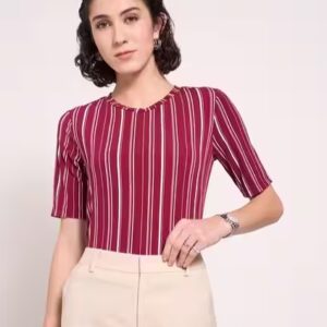 Pantaloons Women Stripes Regular Fit Top red