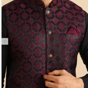kisah Mens Burgundy Textured Nehru Jacket 38