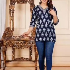 Private Label Womens Rayon Printed Short Kurta Top Blue Colour S Size