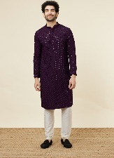 Private Label Mens Chikonkari Kurta And Pant Set Plum And White Colour XL Size