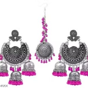 Private Lable Elegant Padmavat Jhumka with Maangtikka WomenPink Color Jewellery Set
