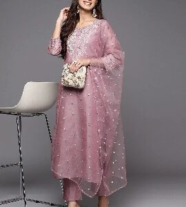 Varanga Women Mauve Zari Yoke Design Chanderi Silk Kurta with Trousers And Dupatta Magenta Colour XXL Size