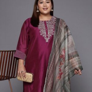 Varanga Women Plus Size Magenta Chanderi Silk Kurta with Trousers Dupatta Size XL
