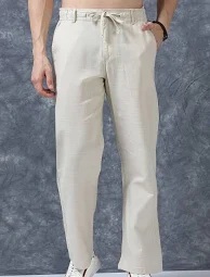 Roadster The Lifestyle Co Linen Relaxed Fit Regular Trousers Cream Colour 28 Size