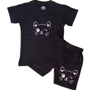 Private Lable KIDS NIGHT SUIT SETCOTTON TSHIRT SHORTS WITH CUTE CAT PRINT Black Free size