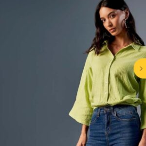 AND Light Green Solid Casual Three Quarter Sleeves Shirt Collar Women Loose Fit Shirts Xl
