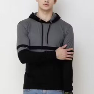 Private Label Colorblocked Full Sleeve Mens Hoodie Tshirts Black And Grey Colour