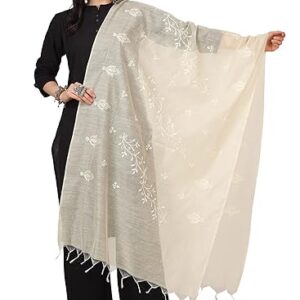Private Label Silk Womens Off White Cotton Embroidered Dupatta
