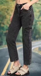 Private Label Womens 6 Pockets Stretchable Cargo Jeans Black 30 Size
