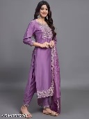 Private Label Womens Embroidered Silk Blend Calf Length Straight Kurta Pant With Dupatta XXL Size Purple Colour