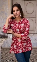 Private Label Cotton Hand Block Printed Short Kurti Red Colour XL Size