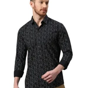 Private Label Mens Ditsy Print Slim Spread Collar Black Shirts S Size