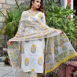 Private Label Women White Printed Kurta and pant set S Size