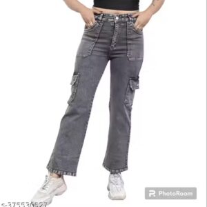 Private Label Denim Women Straight Double Pocket Mid Rise Grey Jeans 30 Size