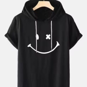 Private Label Glitsy Smiley Printed Half Sleeve Hoodie for mens Black Colour Free Size