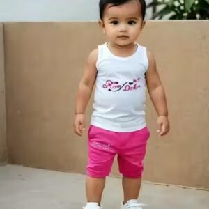 Private Label KIDS CLOTH MOM DAD SENDO TOP HAF PANT WHITE RANI GULABI Free Size
