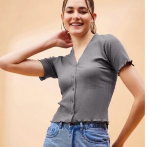 Sassafras Women Stone Grey Rib Front Button Cardigan Top M