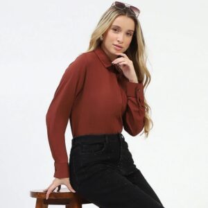 Madame Rust Button Up Shirt with Classic Collar BROWN M