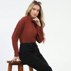 Madame Rust Button Up Shirt with Classic Collar BROWN M