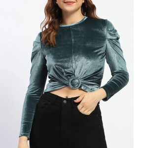 Madame Wrap Detailed Puff Sleeve Teal Top XL