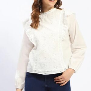 Madame Schilffli Adorned Ruffle Neck Off White Cotton Top S