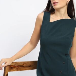 Madame Button Accented Asymmetrical Neck Teal Midi Dress COLOR Teal Blue M
