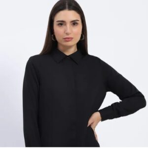 Madame Button Down Solid Black Shirt M