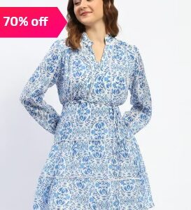 MADAME Blue AND White Cotton Printed Fit AND Flare Dress S