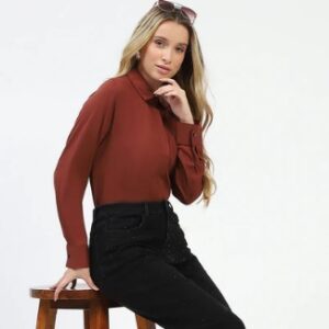 Madame Rust Button Up Shirt with Classic Collar BROWN 2XL